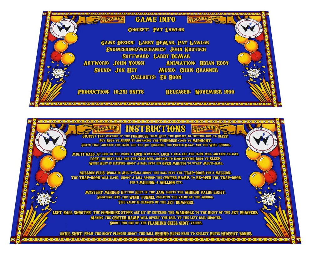 Williams Funhouse Pinball Custom Apron Instruction Cards