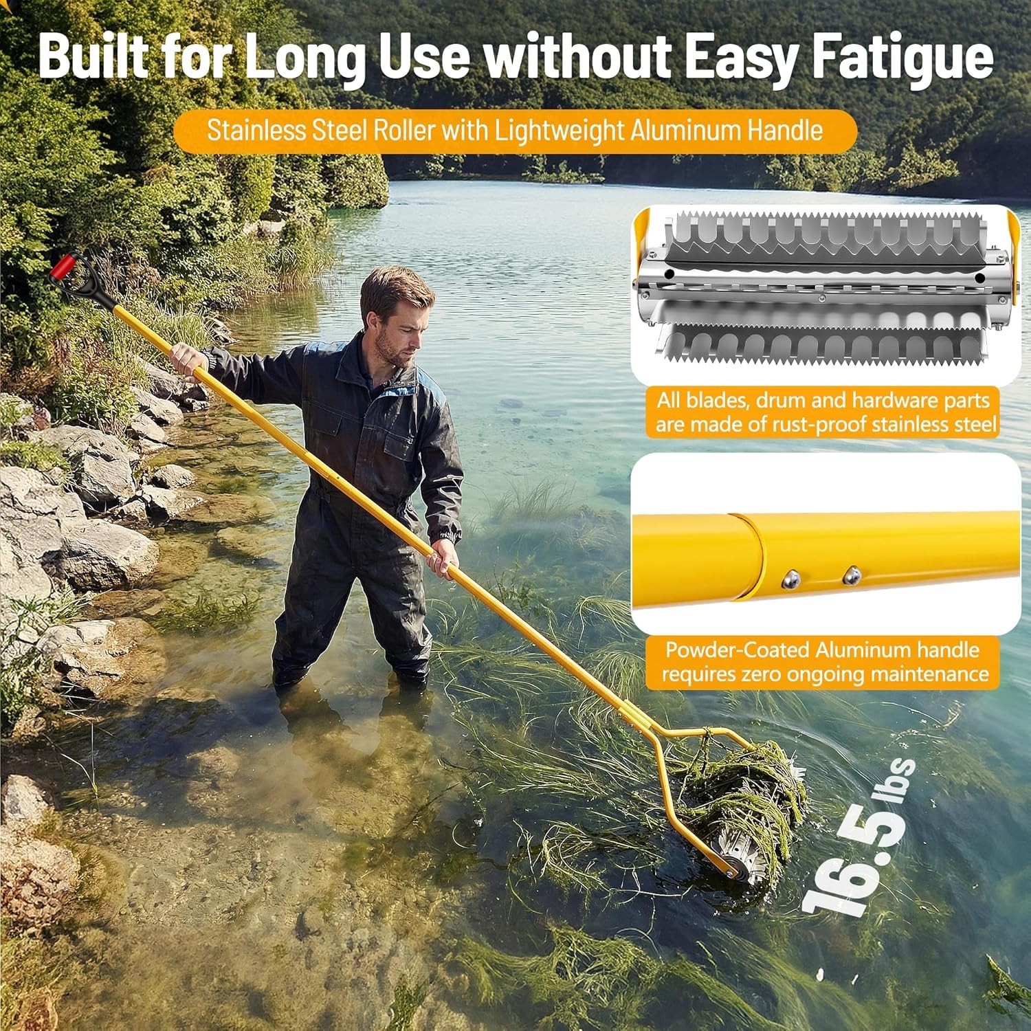 VEVOR Lake Weed Roller Stainless Steel Roller Pond Rake 14.1ft Pond Weed Removal