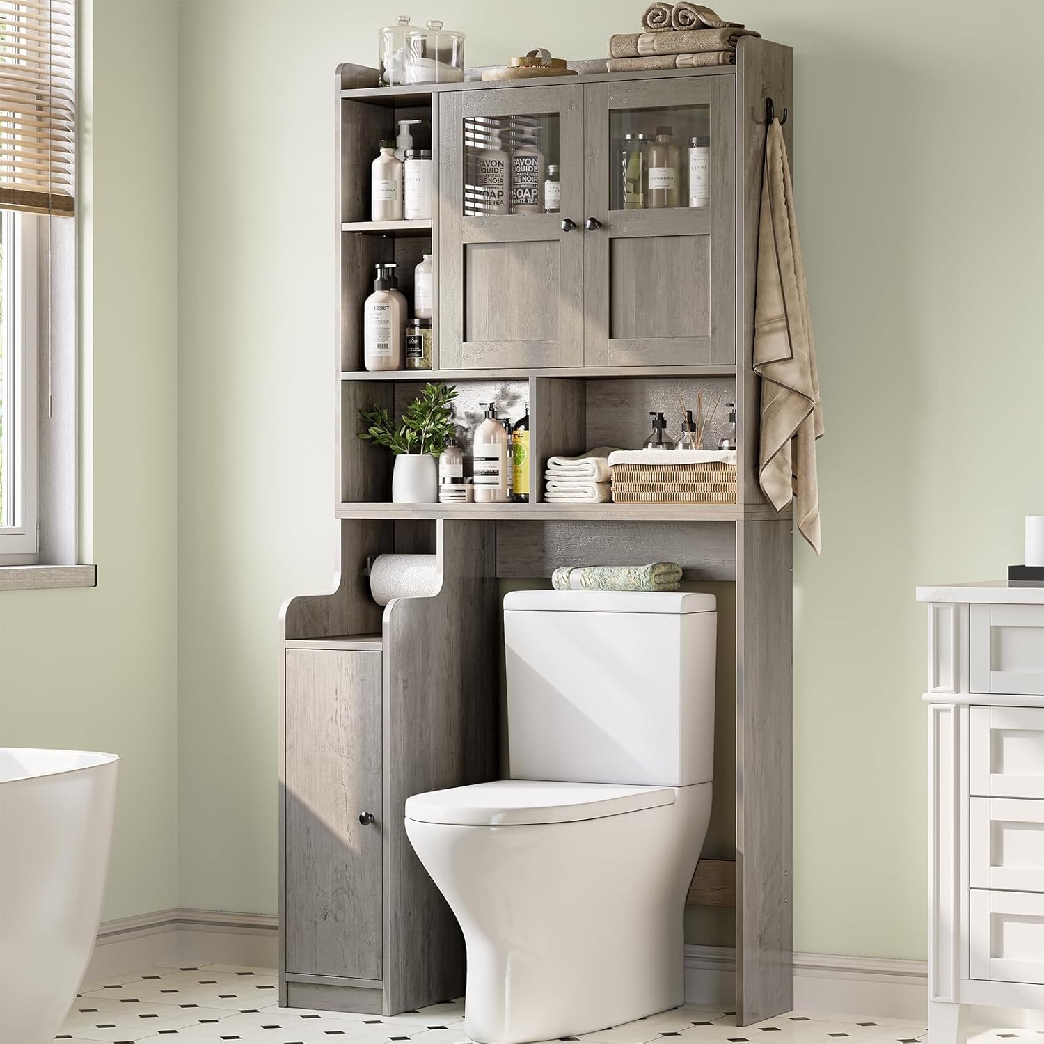 Over The Toilet Storage Cabinet, Farmhouse Bathroom Organizer with Glass Doors