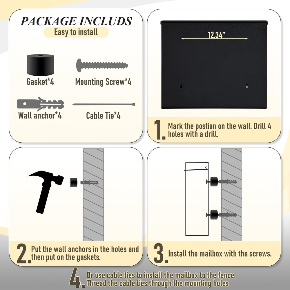 Mailbox Wall Mount Mailboxes for Outside, Large Capacity Steel Black