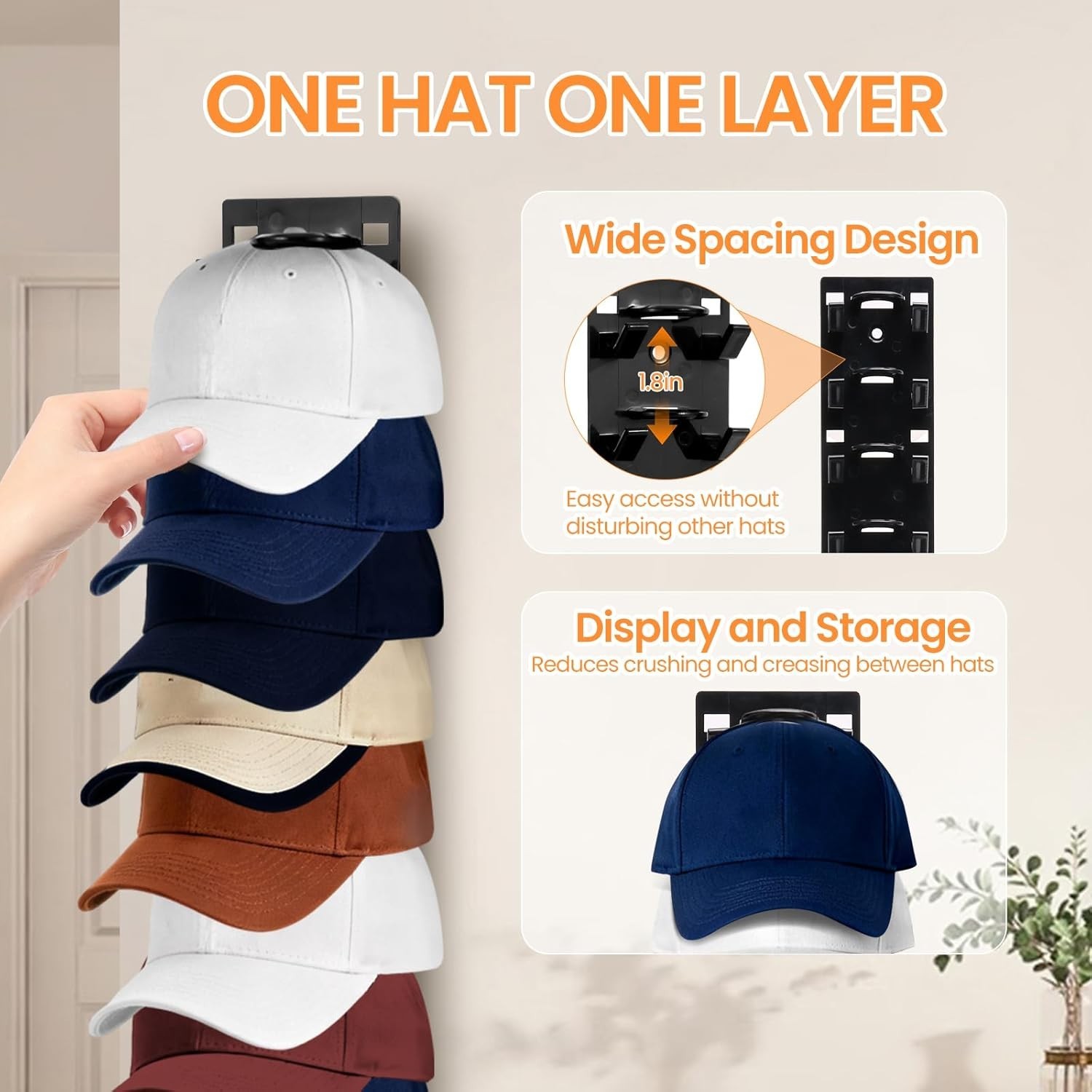 2 Pack Hat Organizer for Baseball Caps, Hat Rack for Wall with Strong Adhesive
