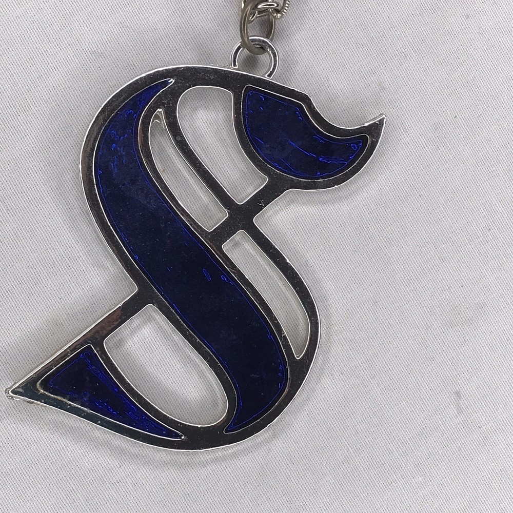 Vintage Signed PLO Blue Script S Pendant Silvertone Necklace 24"