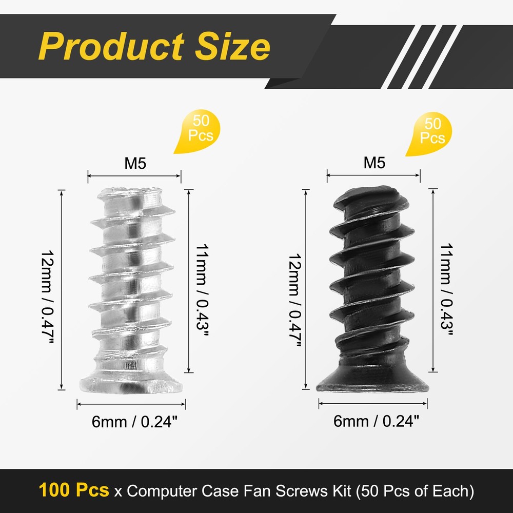 100Pcs M5 x 12mm Phillips Head Computer Case Fan Screws Kit, Silver/Black