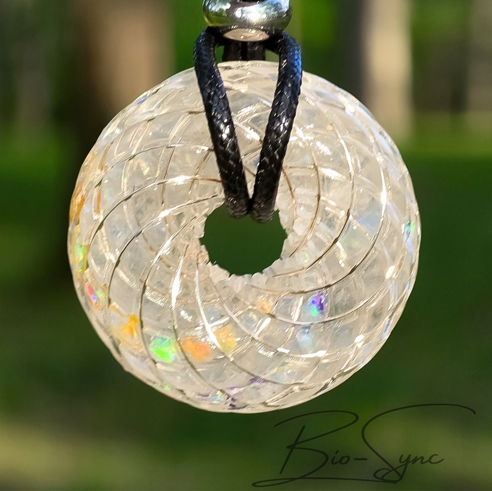 Phi Torus Vortex Energy Pendant—Phenacite, Calcite, Fire Opal, .999 Fine Silver