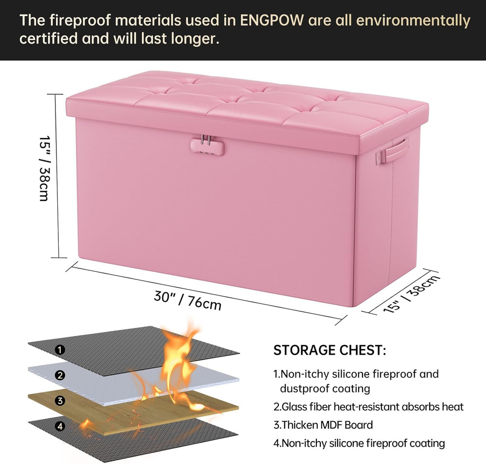 Storage Ottoman Bench,Fireproof Folding Bench with Lock,30 Inches Fire＆Water Res