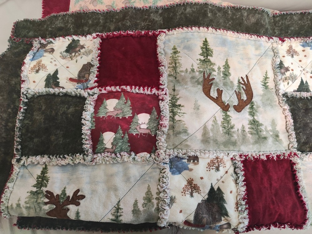 Lodge Woods Moose Bear Eagle Applique Patchwork Throw Quilt Wall Hanging 47x58"