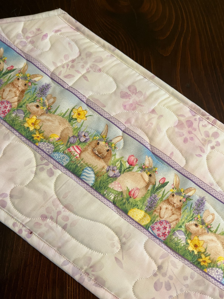 Handcrafted-Quilted Table Runner -Easter - Stripe of Easter Rabbits & Flowers