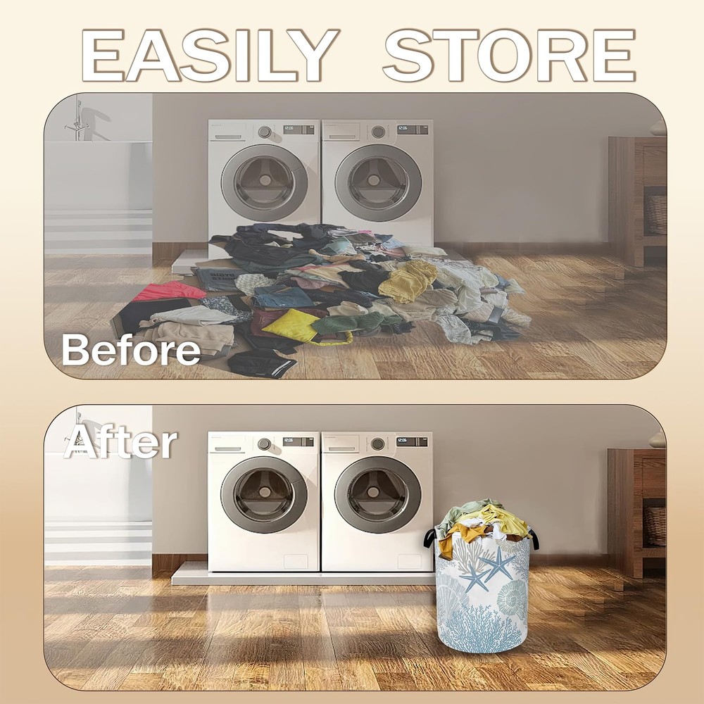 Collapsible Laundry Basket,Coastal Beach Dirty Clothes Hamper,Shell Starfish ...