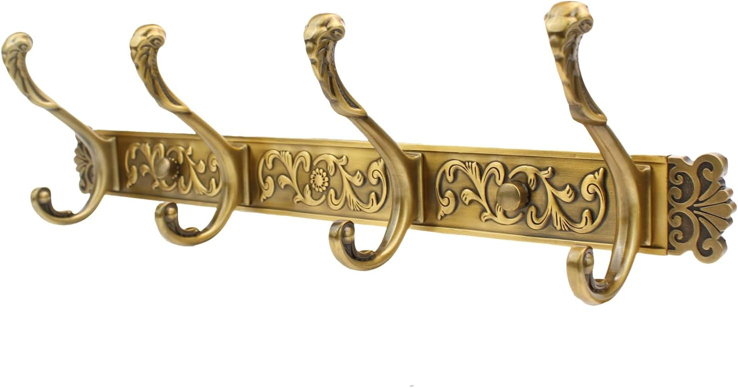 Elegant Vintage Wall Mounted Coat Rack 4 Heavy-Duty Hooks Color Antique Brass