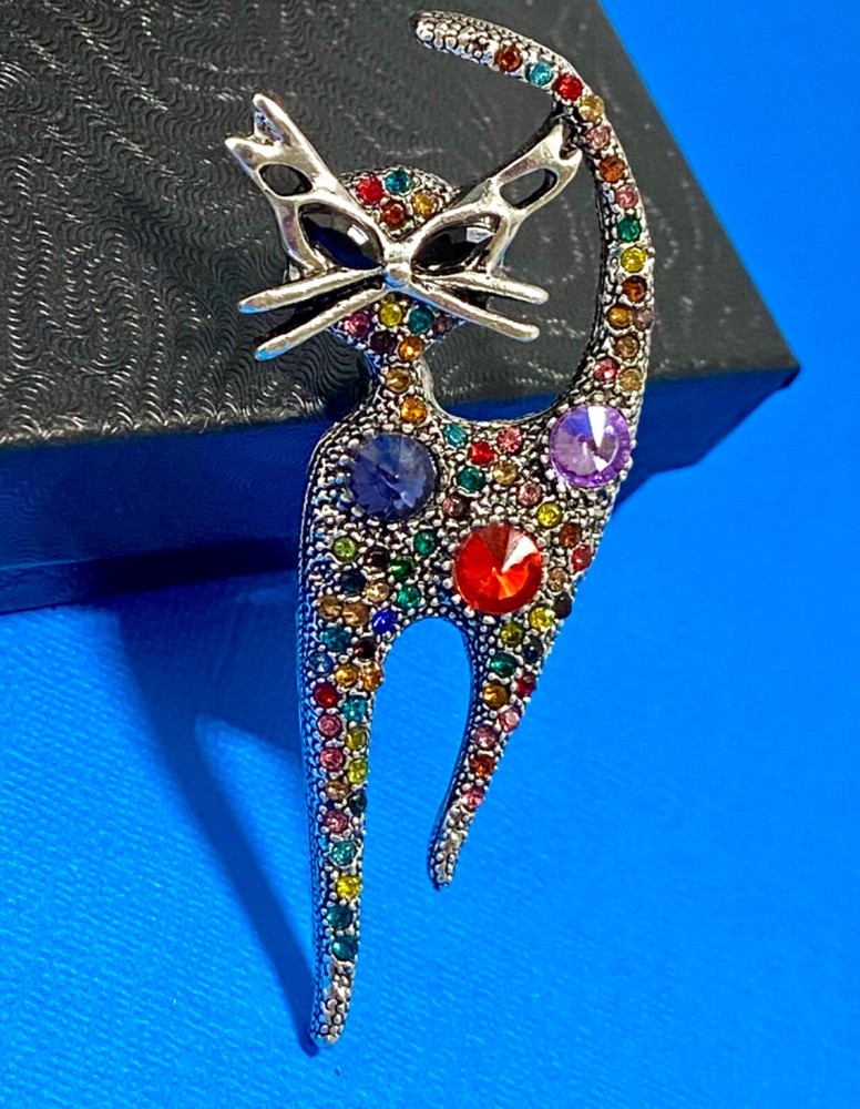 Multicolor Rhinestone Silver Cat Brooch Box included