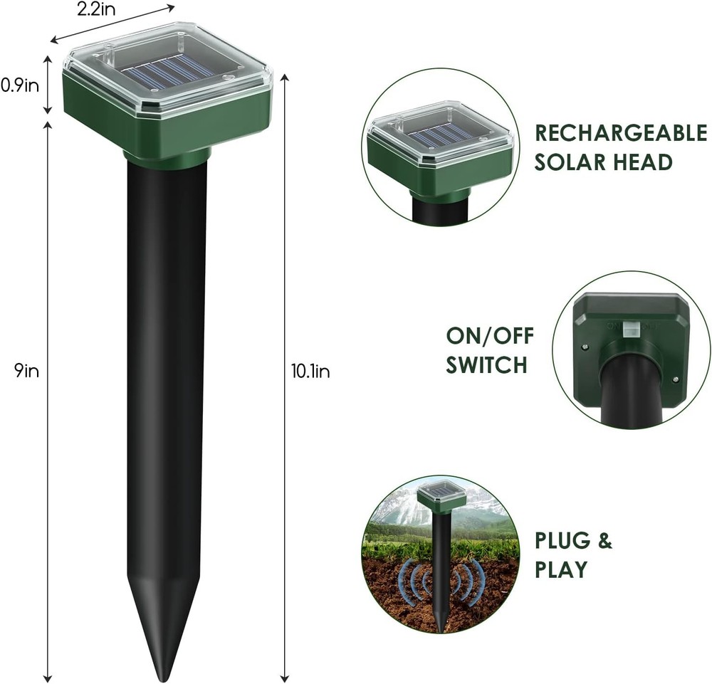 4 Pack Solar Snake Repeller, Ultrasonic Mice Gopher Mole Deterrent for Lawn