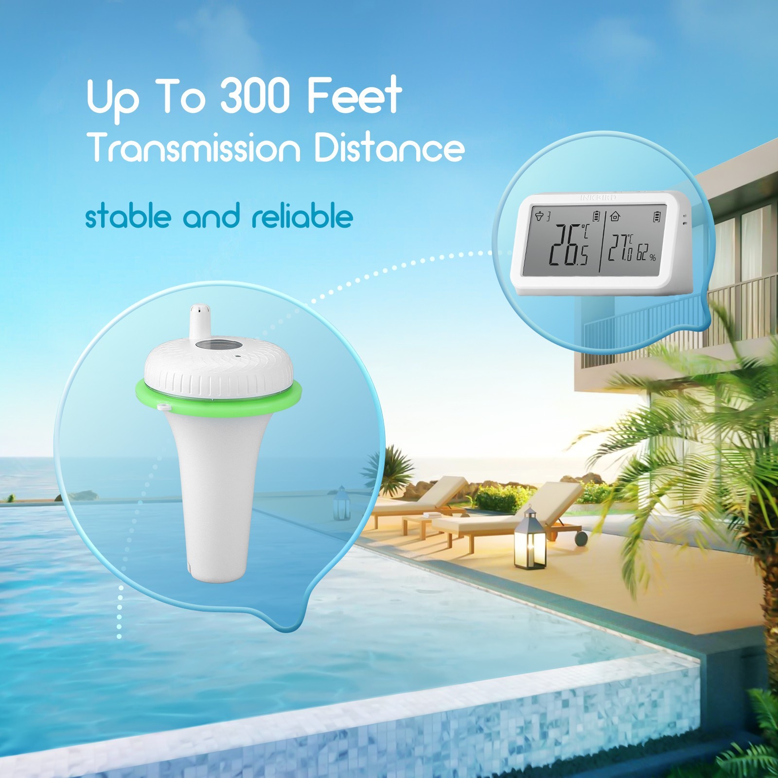 Inkbird Waterproof Wireless Pool Thermometer Easy Read Water Temperature Monitor