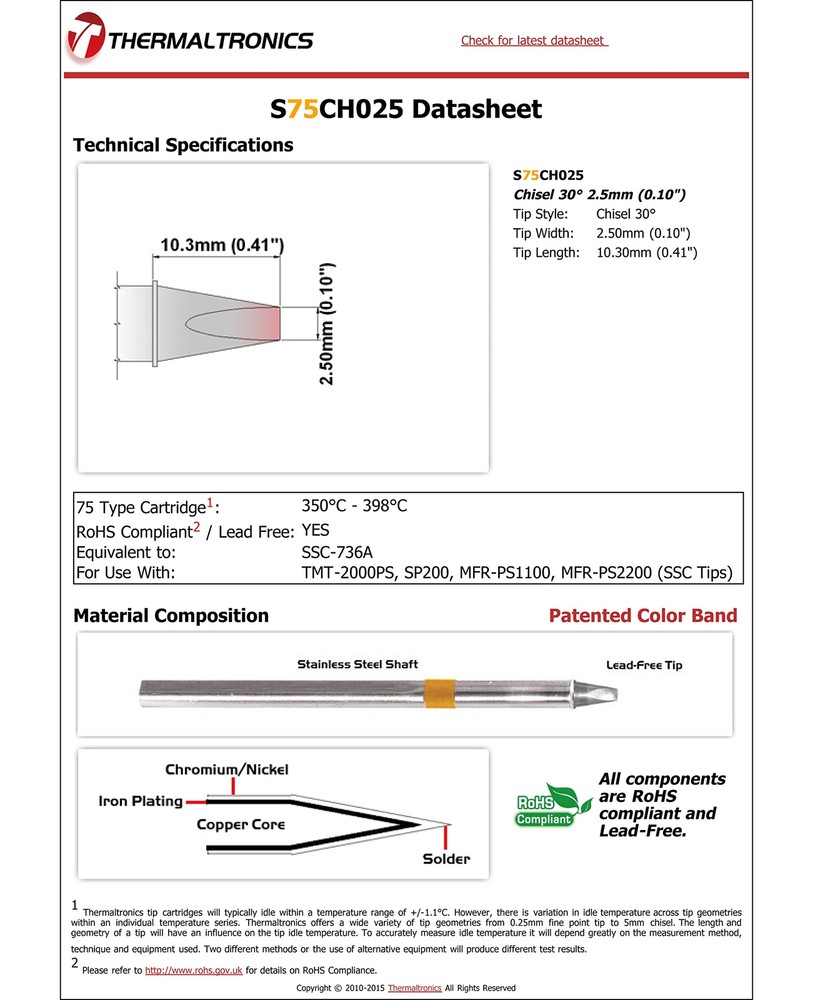 S75CH025 Chisel 30deg 2.5mm 0.10in interchangeable for Metcal SSC-736A