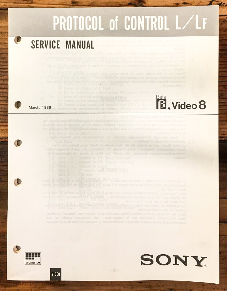 Sony Beta Video 8 Protocol L / LF Video Recorder Service Manual *Original*