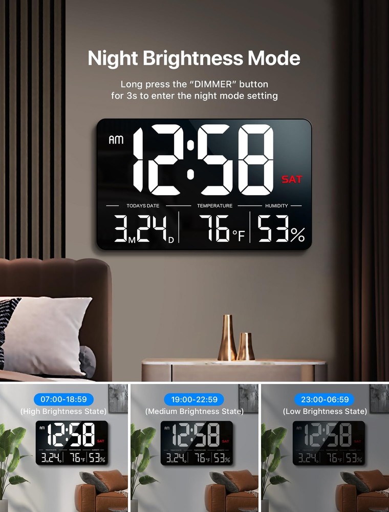 Digital Clock,13" Large Display Digital Wall Clock, Adjustable Brightness Cal...