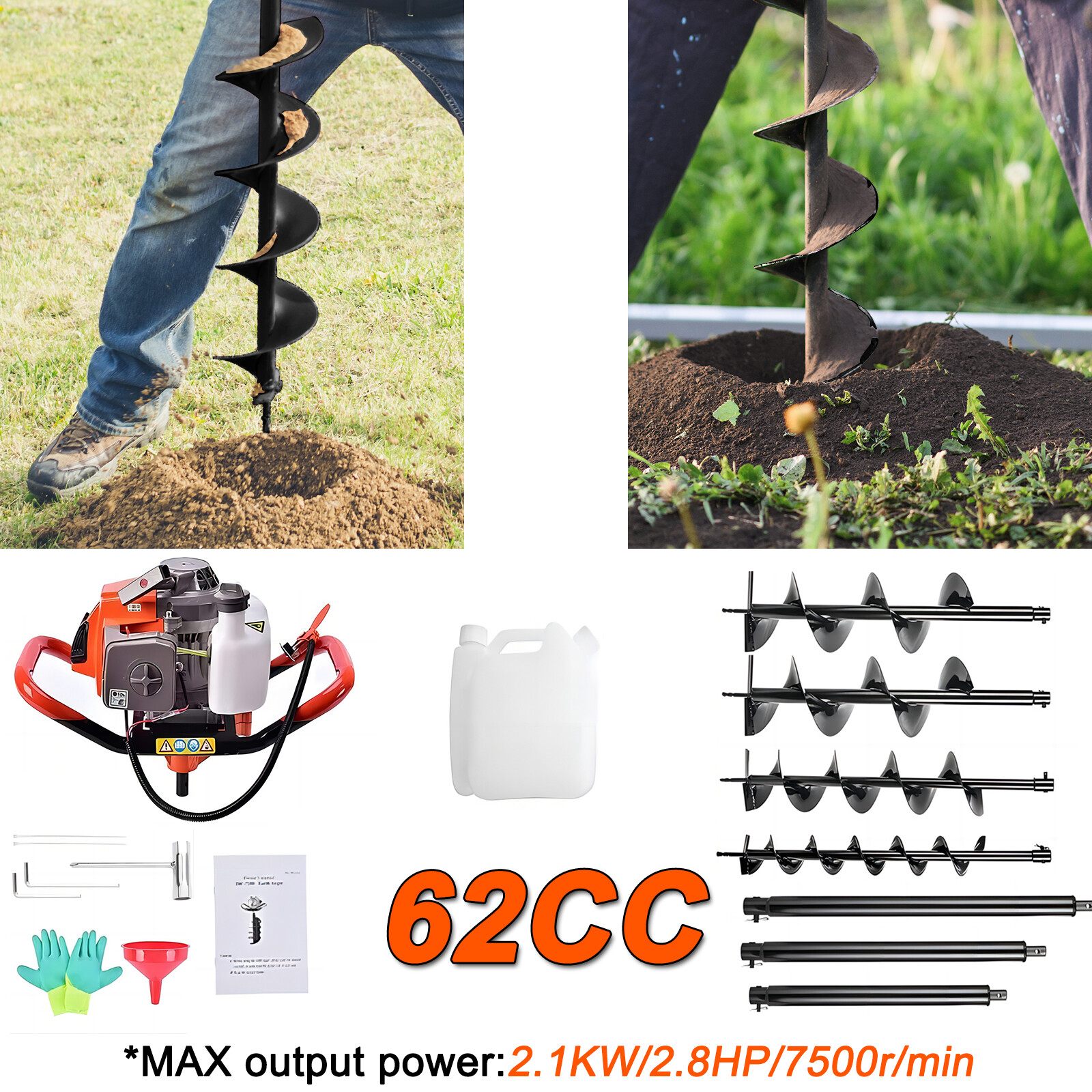 62CC Gas Post Hole Digger w/ 4 Drill Bits (4"-12") & 3 Rods for Garden Use