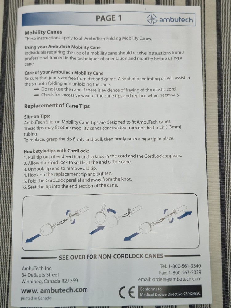 AmbuTech 5ft Premium Graphite Mobility Cane Black Accent Roller Tip NOS