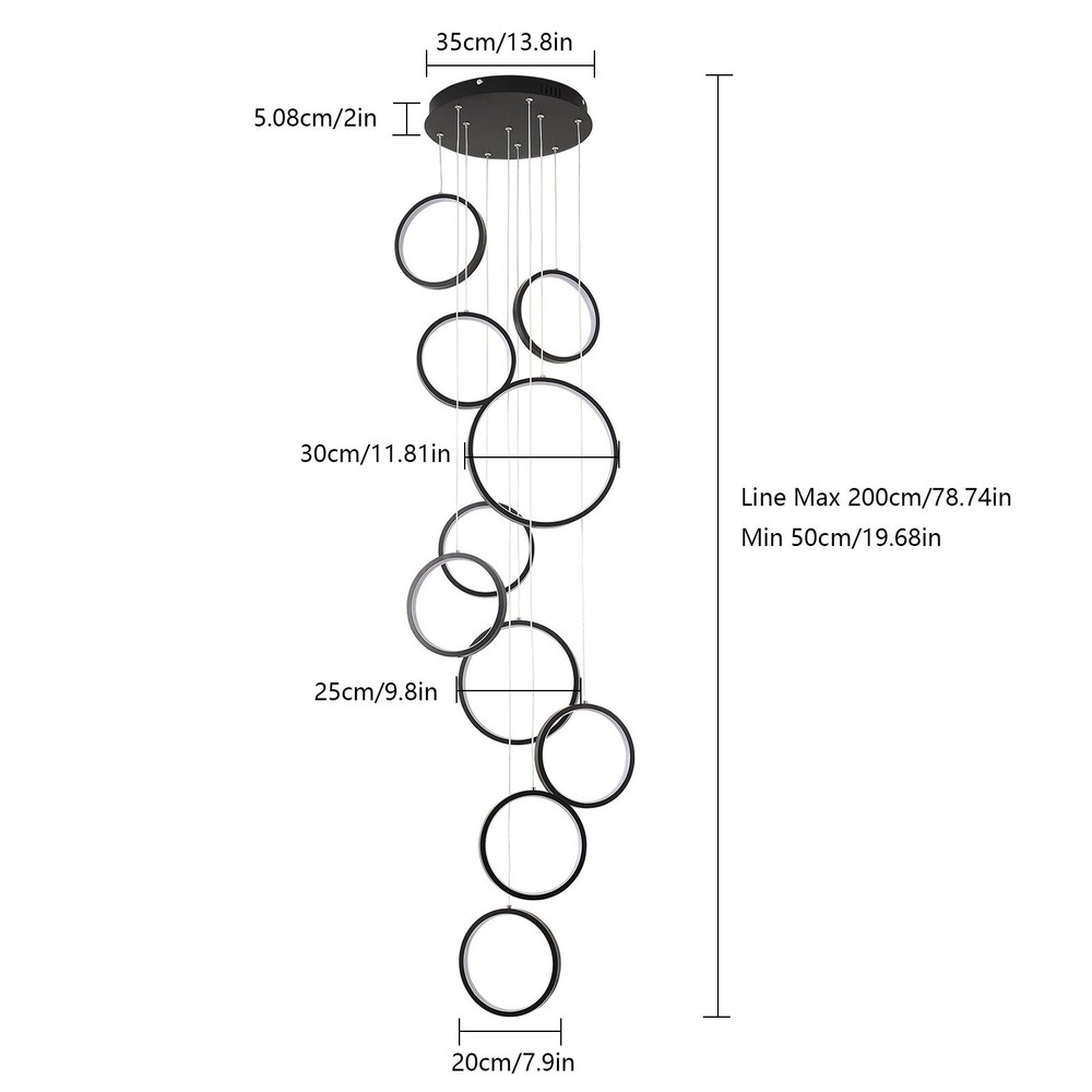 10 Rings Dimmable Black Pendant Light with Remote Control Adjustable Height New