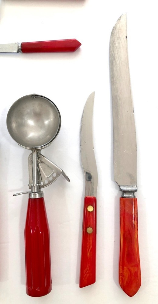Vintage Bakelite Catalin 12 pc Red Kitchen Utensils Some Marbelized 1930's #2