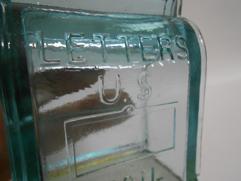 Glass LETTERS US Mailbox Candy Container Aqua Blue