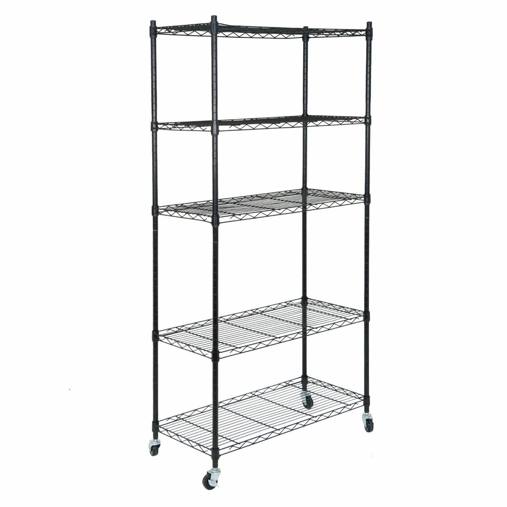 2X 5 Layer Unit Wire Rack Storage Shelf Black Holder Kitchen Display w/ 4 Wheels