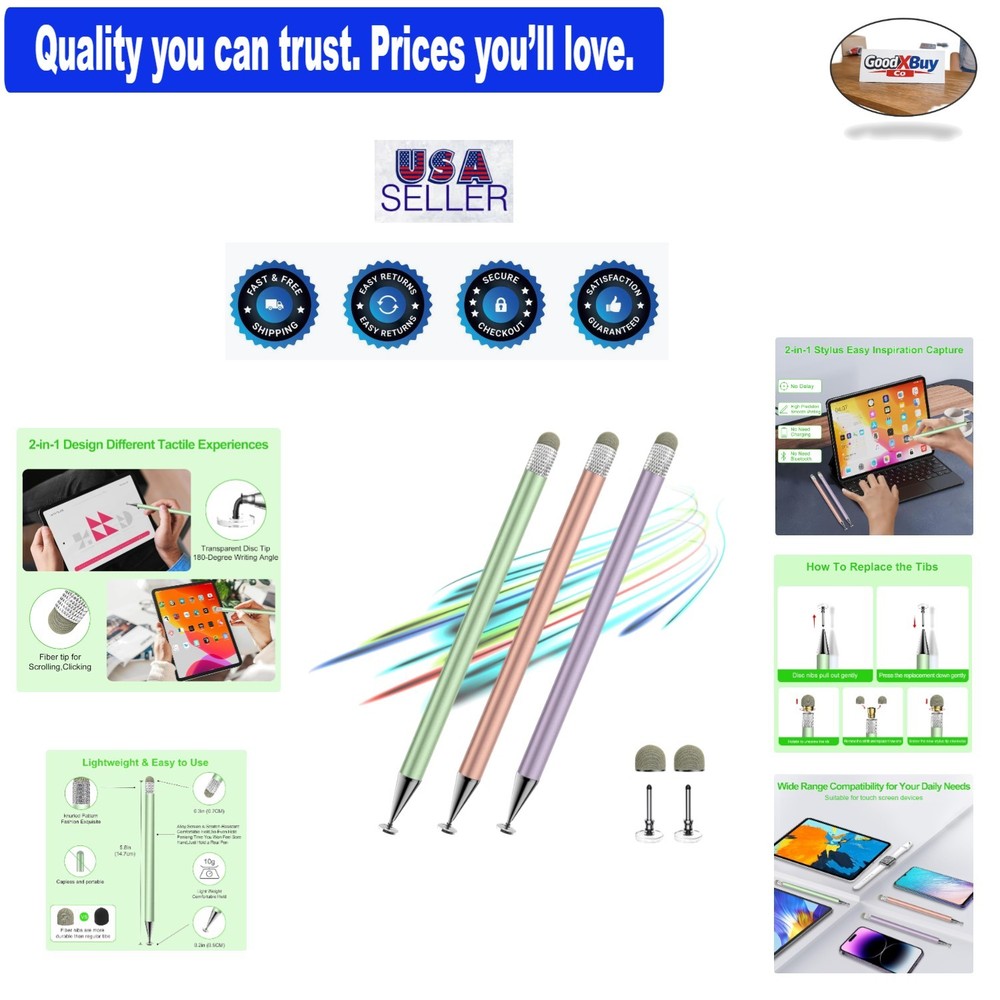 3-Pack Touchscreen Stylus Pens for iPhone, iPad, Android High Sensitivity