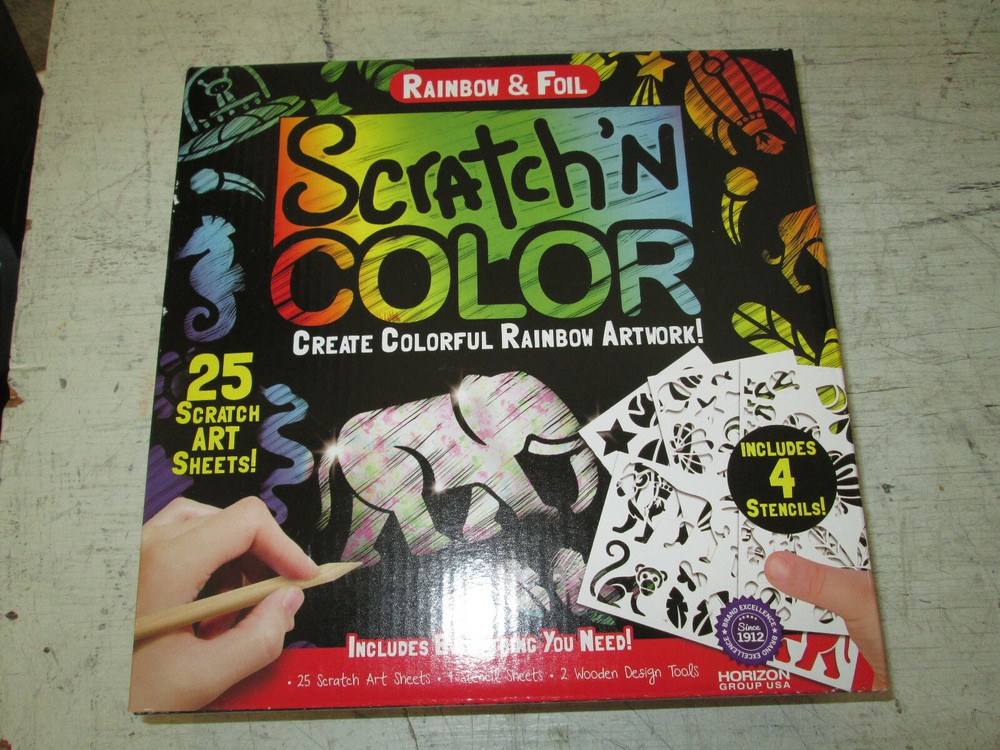Rainbow & Foil Scratch'N Color, 25 Sheets, 4 Stencils, NIB