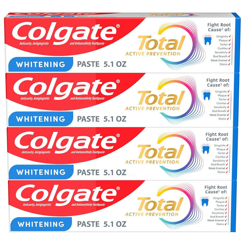 Colgate Total Whitening Toothpaste Paste, 5.1 oz, 4 Pack, Fluoride, Antibacteria