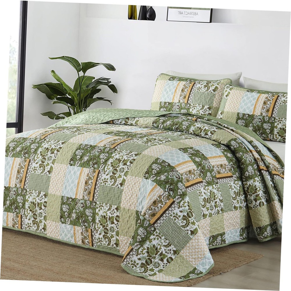Quilt Set Size,Patchwork Plaid Printed Bedspread Coverlet Set,3 Green King