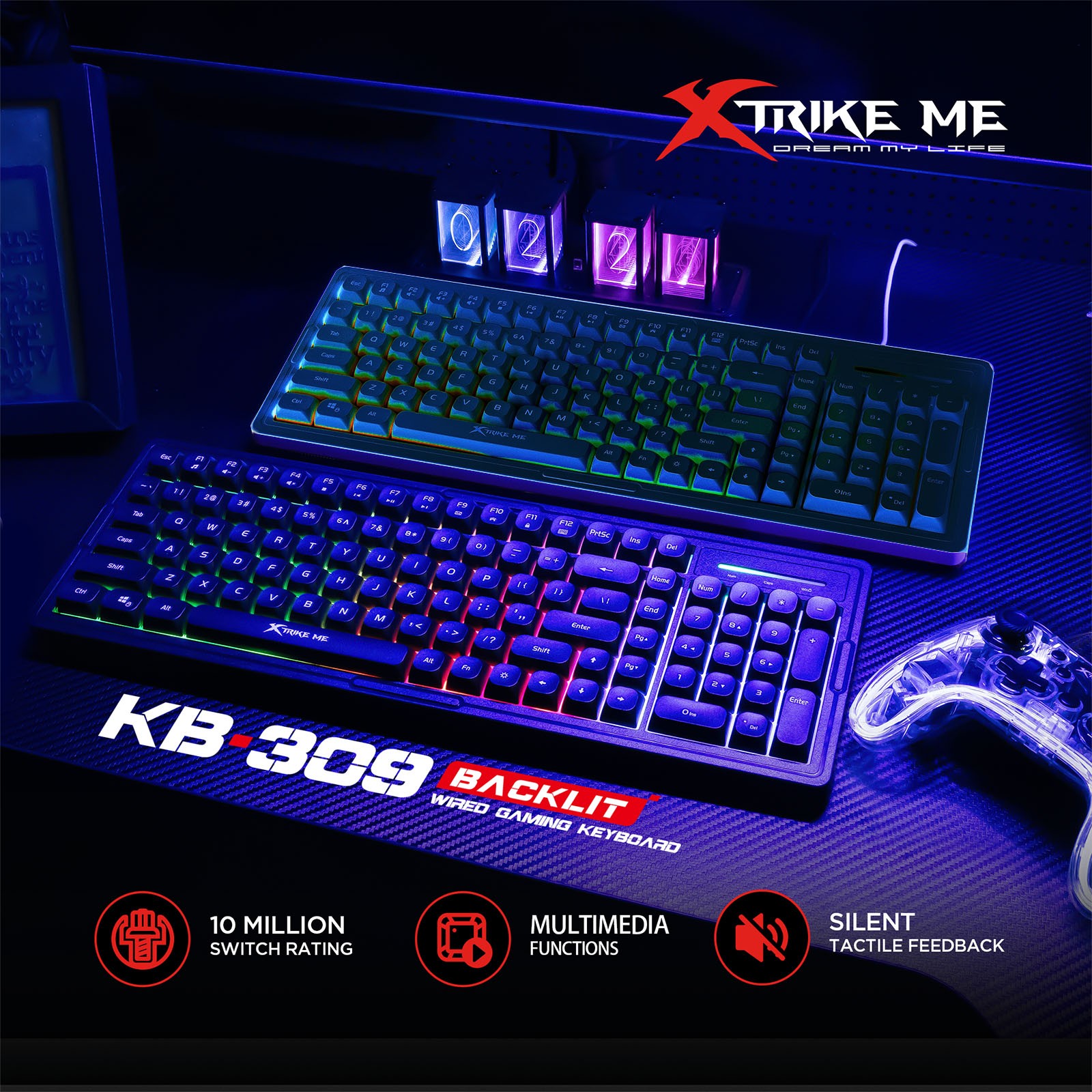 XTRIKE USB PC Wired Gaming Keyboard RGB Backlit 100-Key Silent Membrane Black