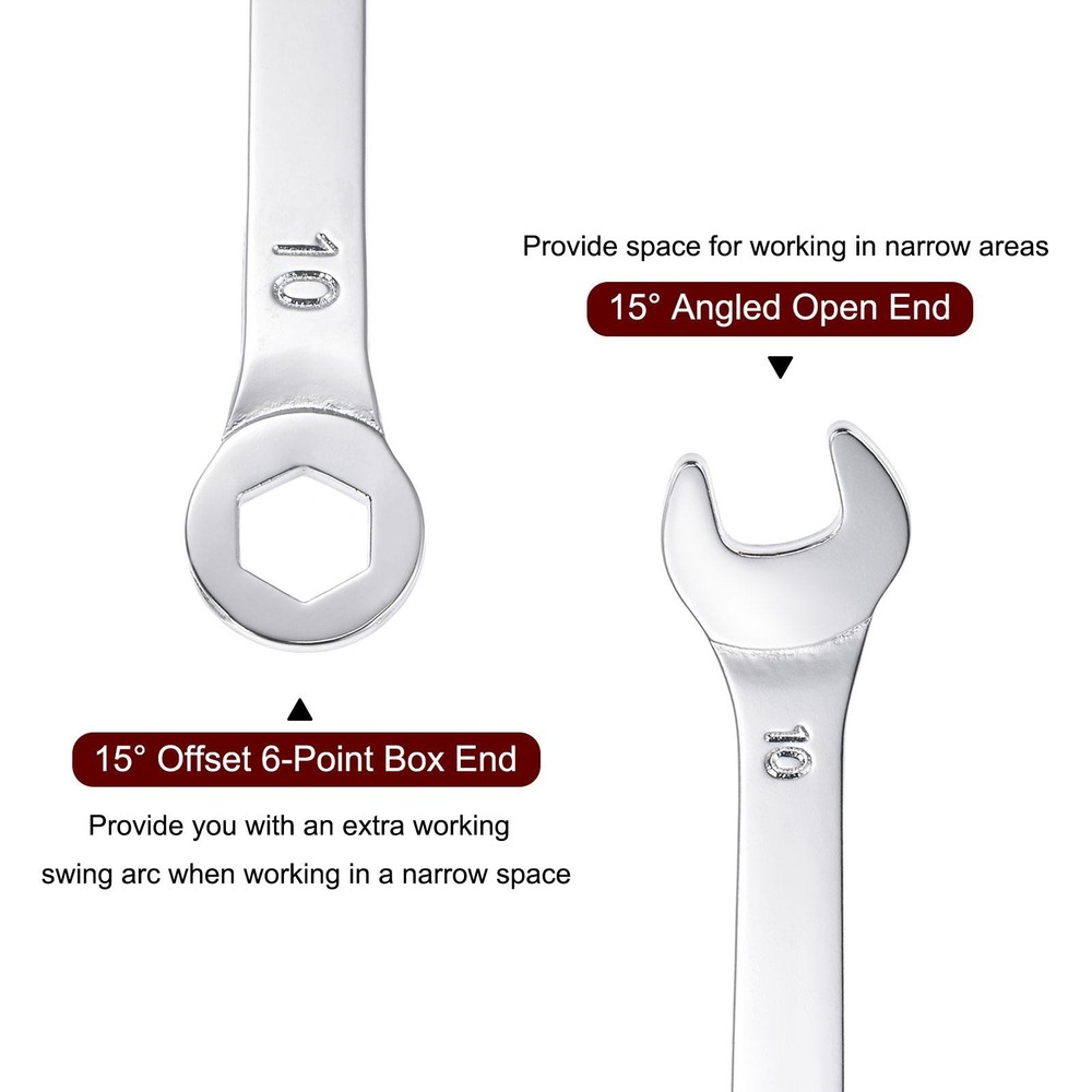 2pcs Thin Combination Wrench with Offset 6-Point End and Angled Open End 10mm