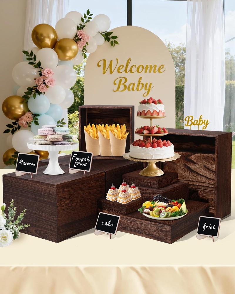 8 Size Nested Buffet Risers with Mini Signs, 8PCS Rustic Wooden Cake & Desser...