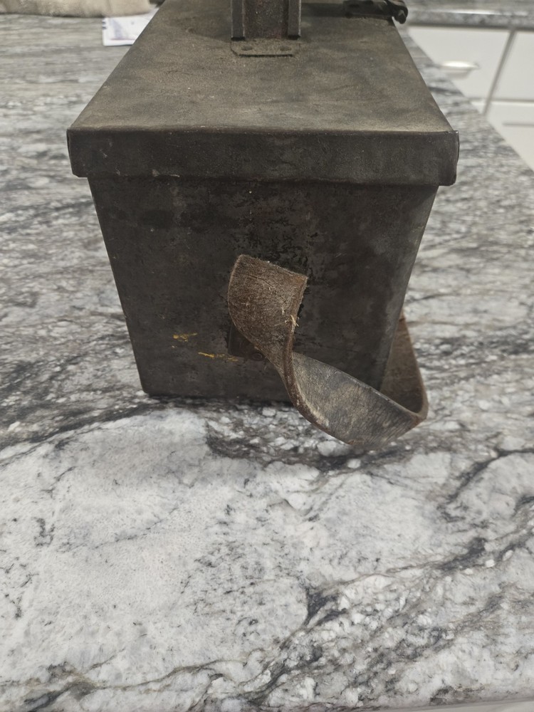 Vintage Metal Toolbox with Handle and Leather Strap