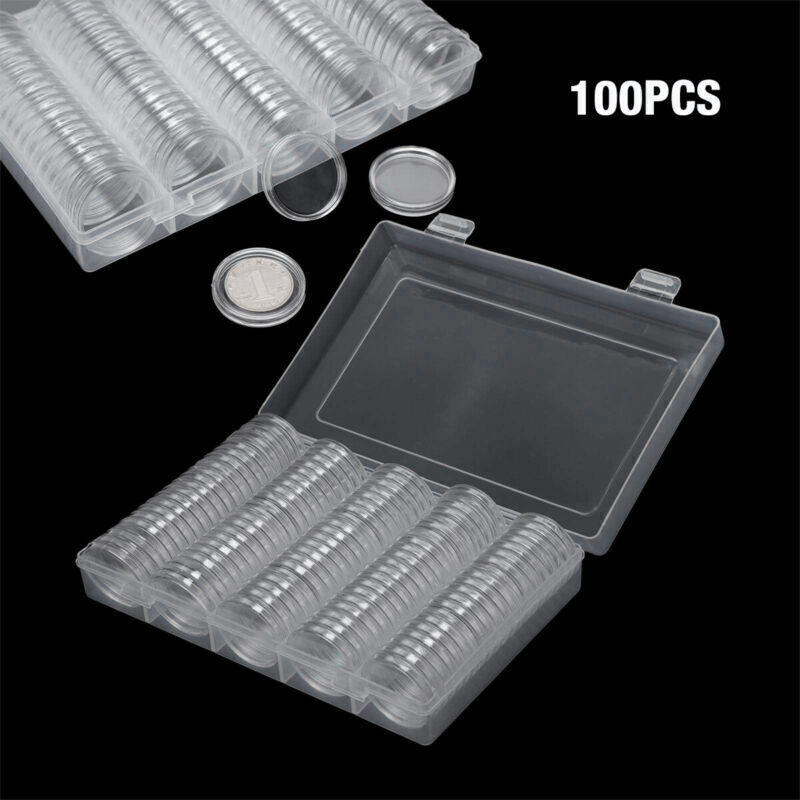 100 Pcs 30mm Clear Coin Capsule Round Plastic Holder Container Storage Box Case