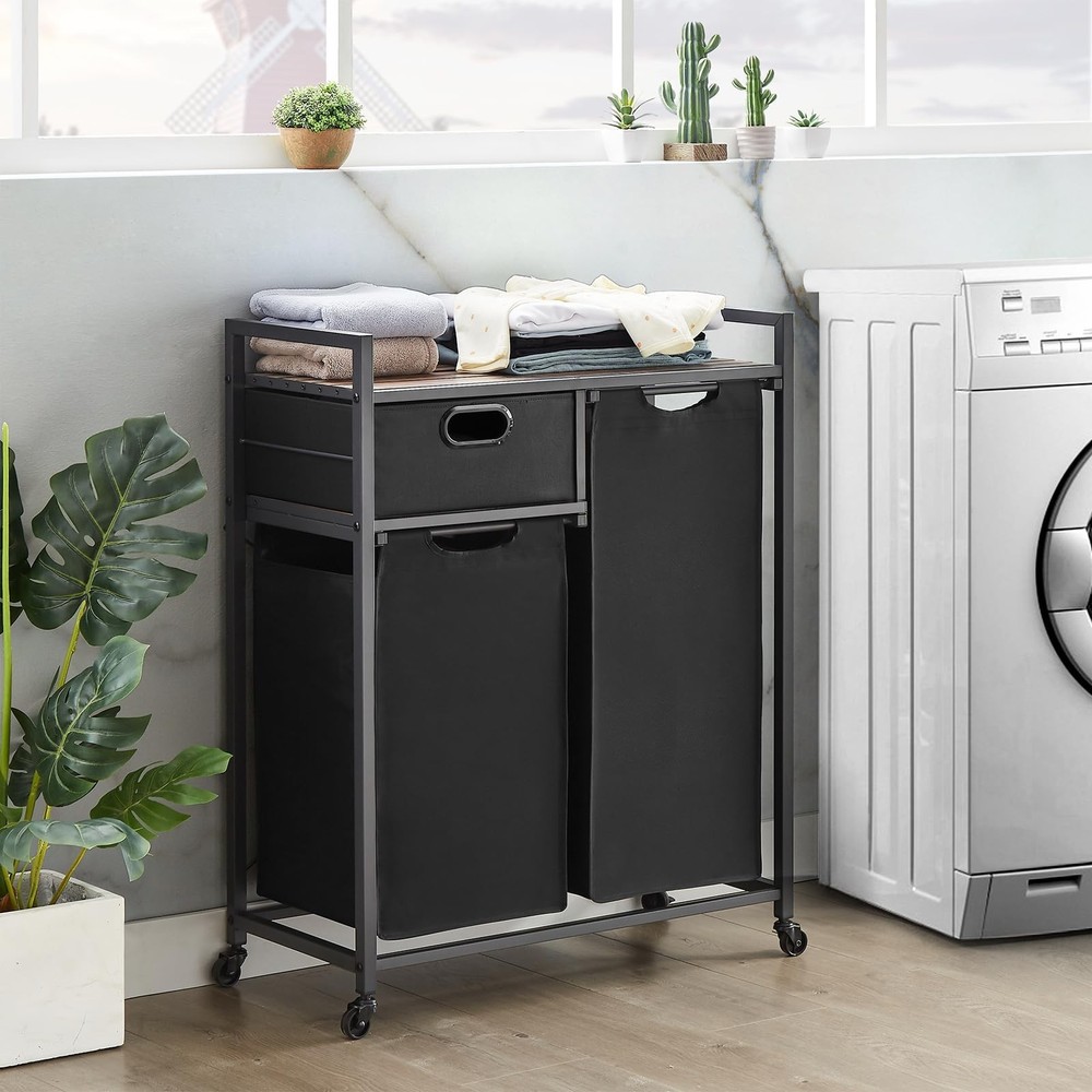 Large Rustic Brown & Black Laundry Basket with Wheels, 3 Compartments, 60L Ca...