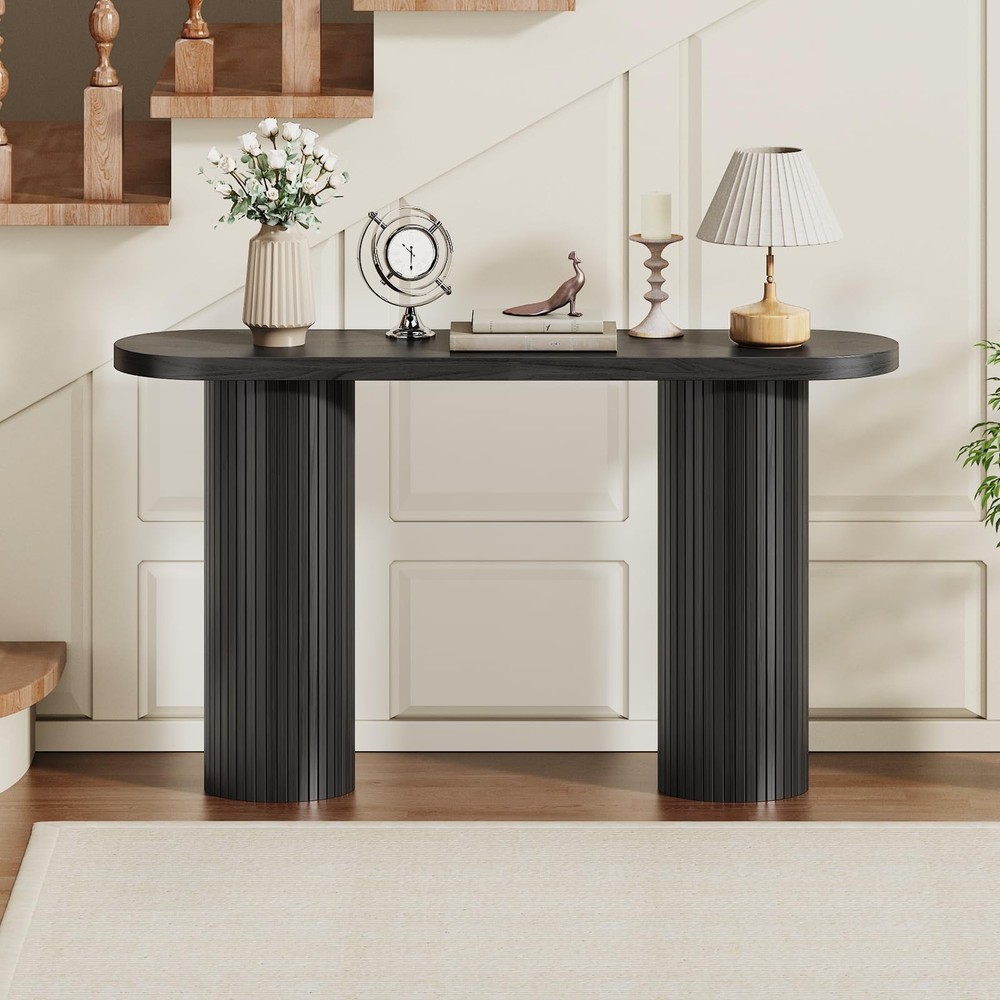 55 Inch Entryway Console Table, Fluted Sofa Table Behind The Couch, Mid-Centu...