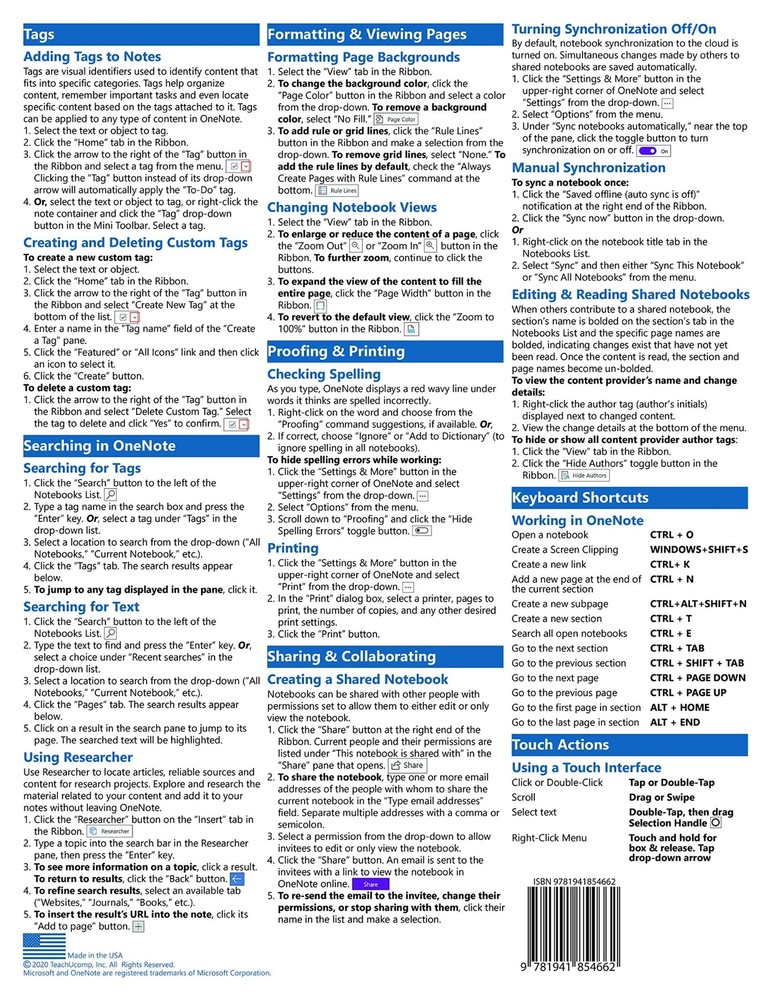OneNote for Windows 10 Training Guide Quick Reference Card 4 Page Cheat Sheet