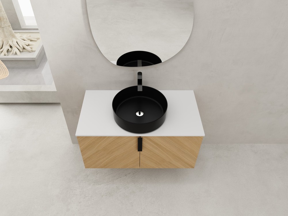 36" Wood Wall-Mounted Bathroom Vanity +Black Ceramic Sink Artificial Stone Slab
