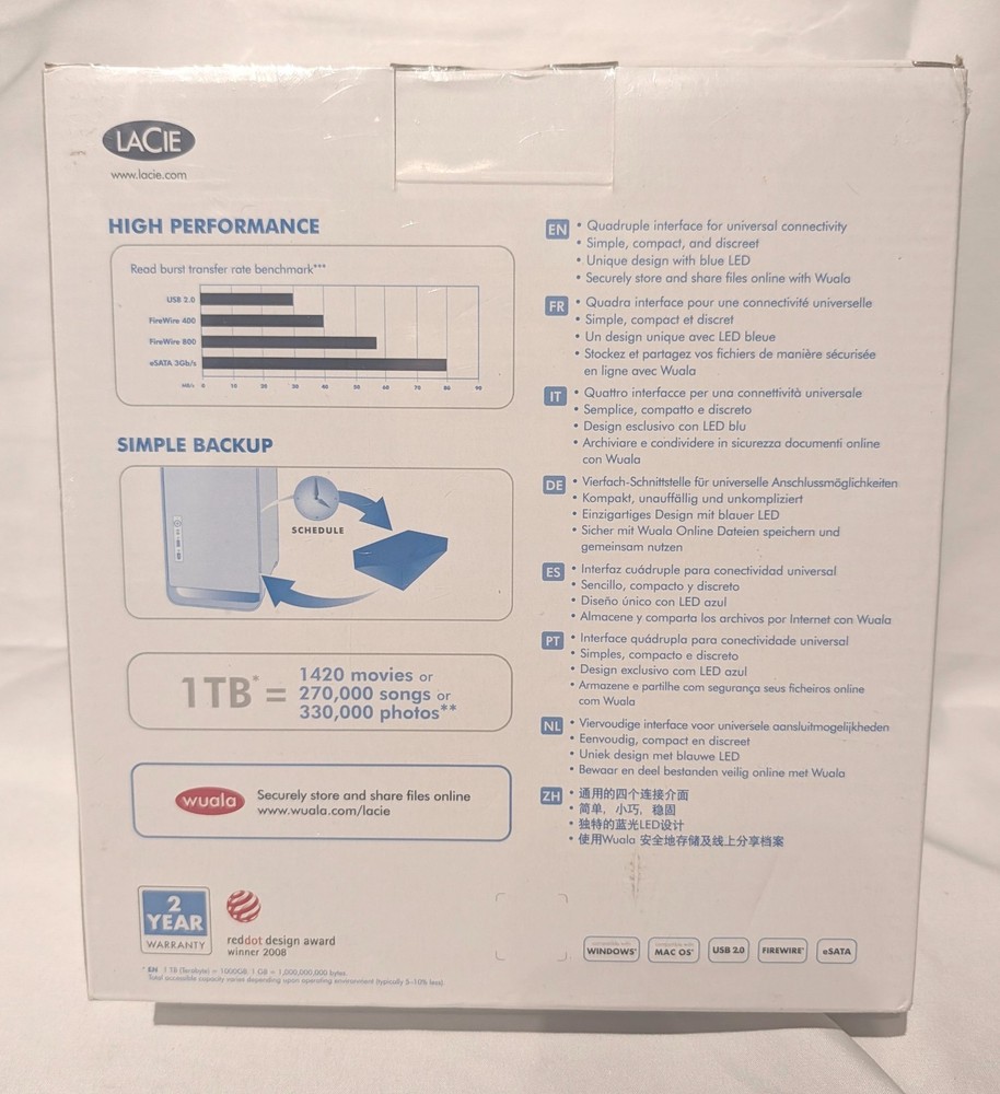 Lacie Quadra 1TB Multiple Interface External Hard Drive - NEW