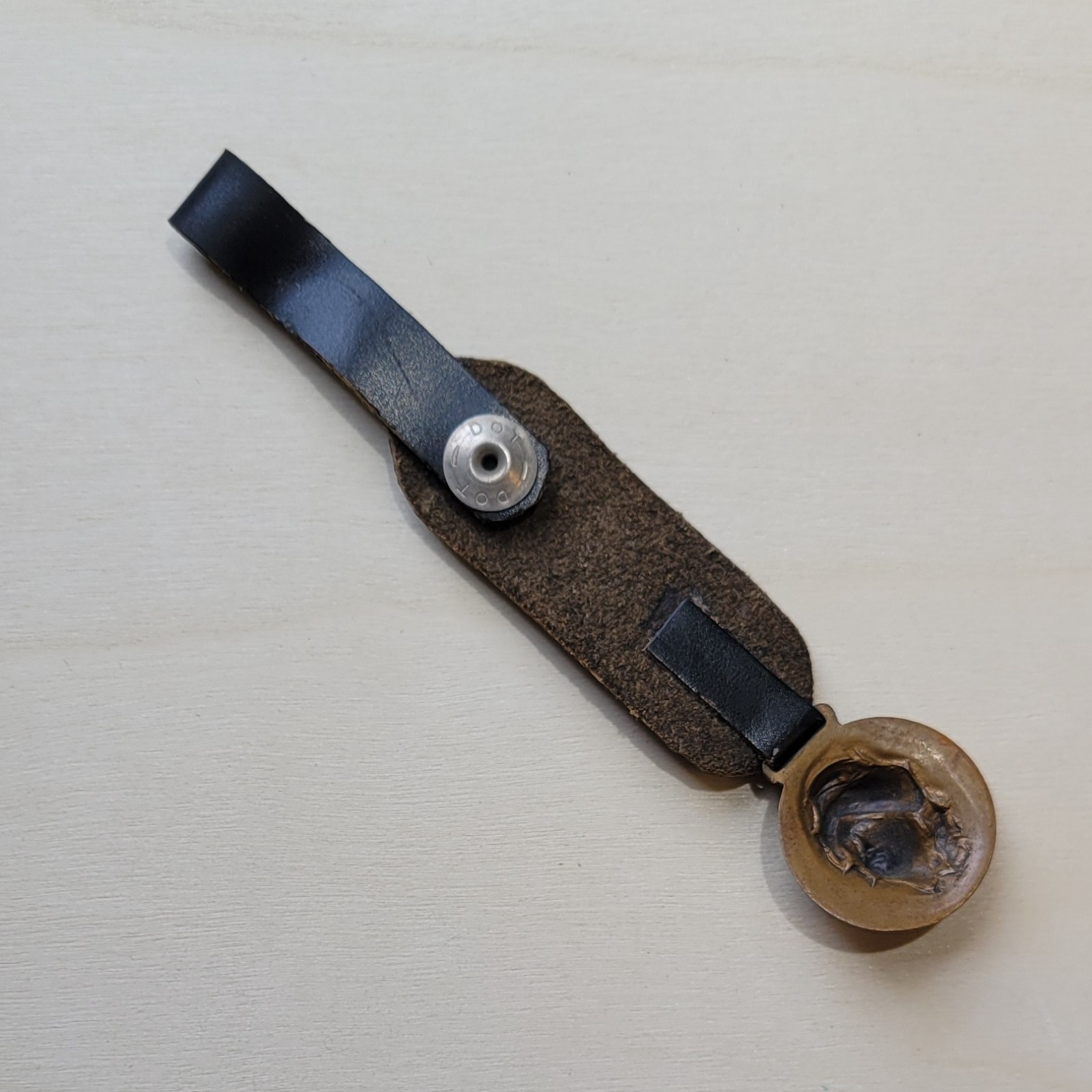 Antique Lady Liberty Woman Head Relief Pop Out Bronze Medal Fob Leather Strap