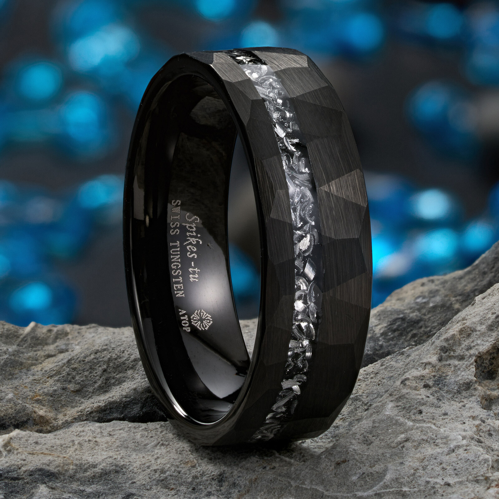 8mm Black Meteorite Tungsten Ring Sliver Line Mens Wedding Band ATOP Jewelry