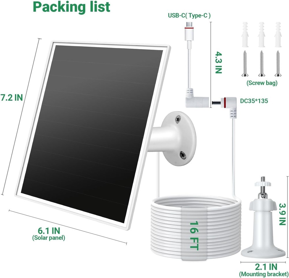 Solar Panel for Ring Camera Outdoor Wireless, Fast Charging 6W White-106-1