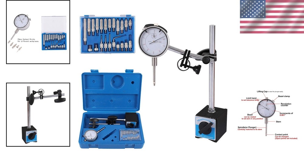 0.001" Resolution Magnetic Dial Indicator with Adjustable Long Arm & Strong Base