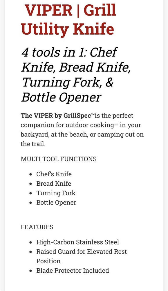 Viper Knife By Grillspec, Multi Use Utility, Chef’s, Bread, Turning Fork, Bottle