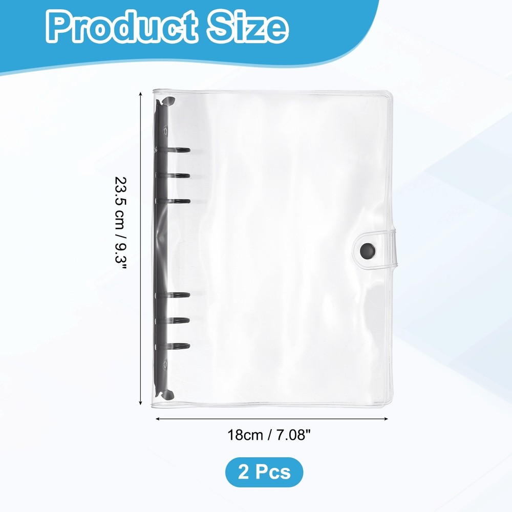 A5 2Pcs Transparent 6-Ring Binder Cover with Snap Button Closure, Black