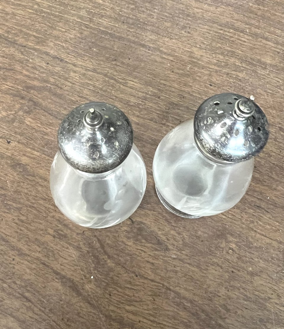 Etched Crystal and Sterling Silver Salt and Pepper Shakers