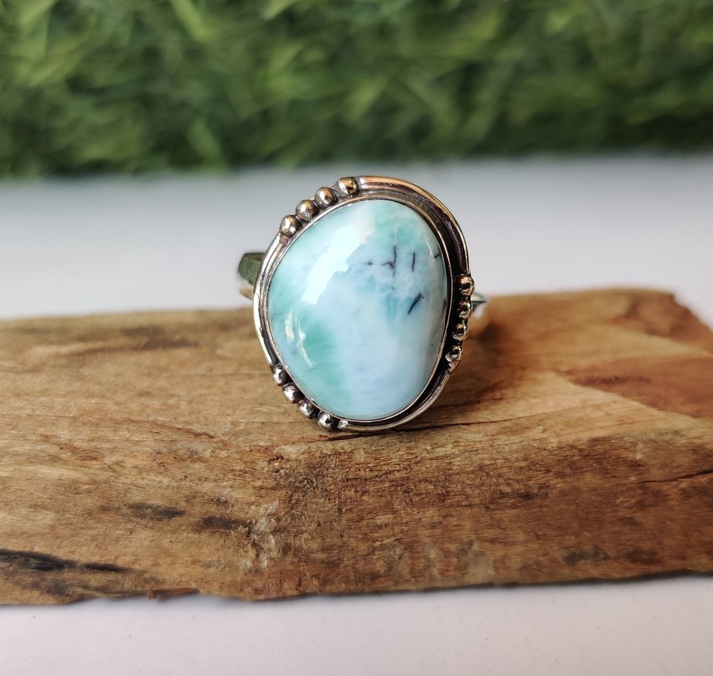 Unique Larimar Gemstone Ring 925 Sterling Silver Wedding Gift Statement Ring