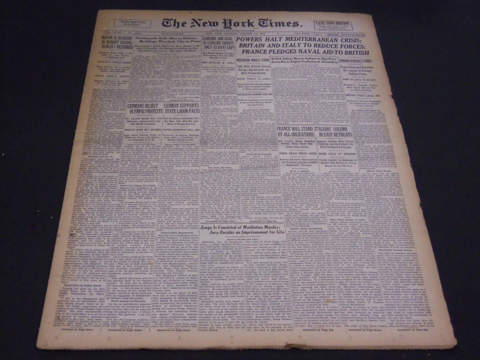 1935 OCTOBER 19 NEW YORK TIMES - EARTHQUAKE KILLS MAN IN HELENA - NT 4915