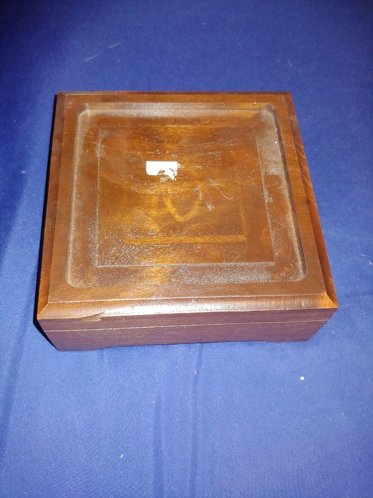 Small dark oak hinge top needlework display box