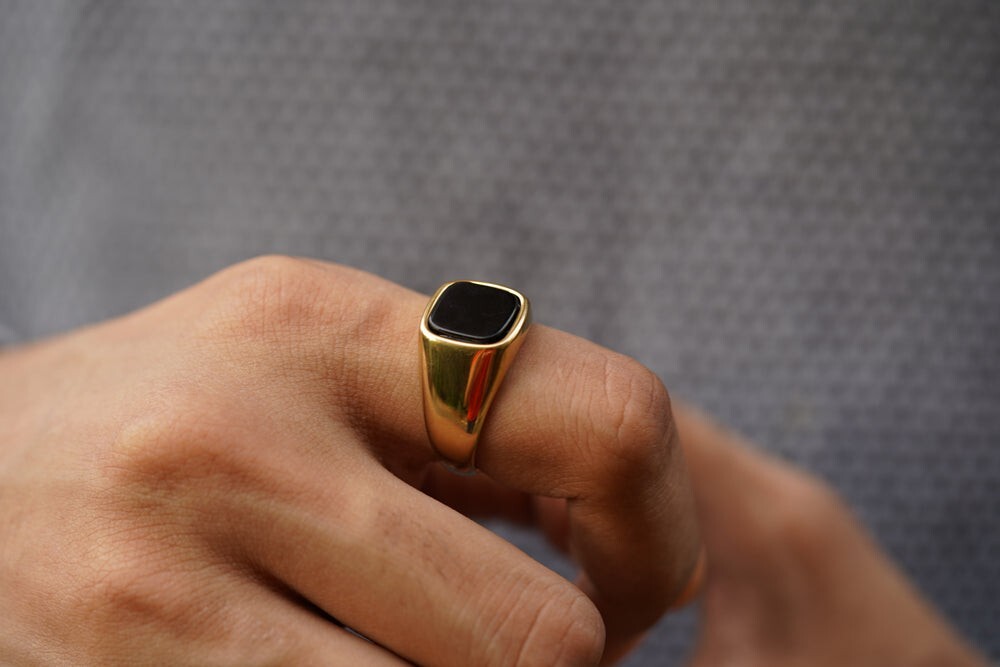 Cushion Black Onyx Ring in Silver or Gold Natural Gemstone Ring For Husband Mens